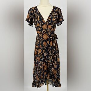 Dee Elly navy and mustard, yellow floral ruffle wrap dress